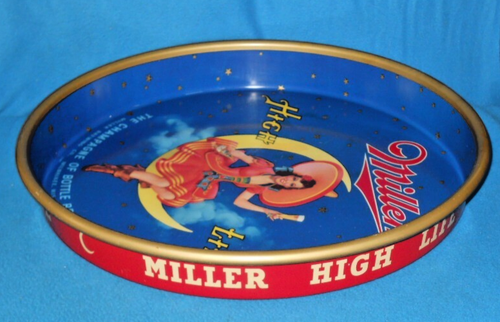 Vintage 13" Round Miller High Life Beer Serving Tray of Girl Sitting on The Moon - Picture 3 of 6