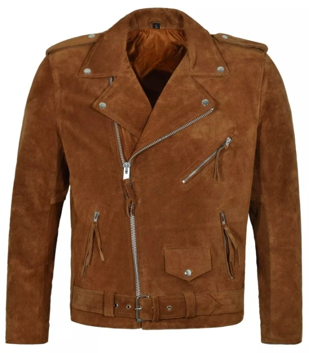 New Men's Tan Suede Leather Jacket Biker Motorcycle Cafe Racer Coat Jacket