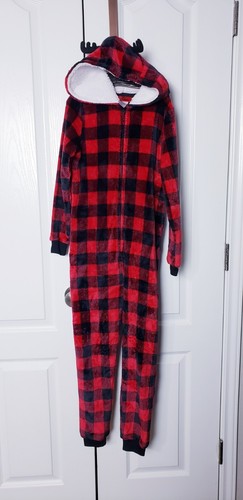 Jolly Jammies Pajamas Girls Size M Medium 8 Zip Reindeer Hoodie Red Black Plaid - Picture 4 of 5