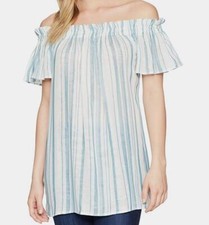 Show Me Your Mumu Women's White Blue Off-Shoulder Tunic Blouse Top Size S