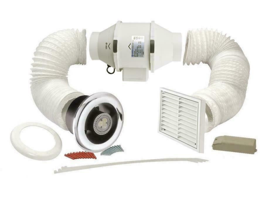AirTech Powerful Inline Bathroom Shower Fan Kit 100mm with Timer & 3W