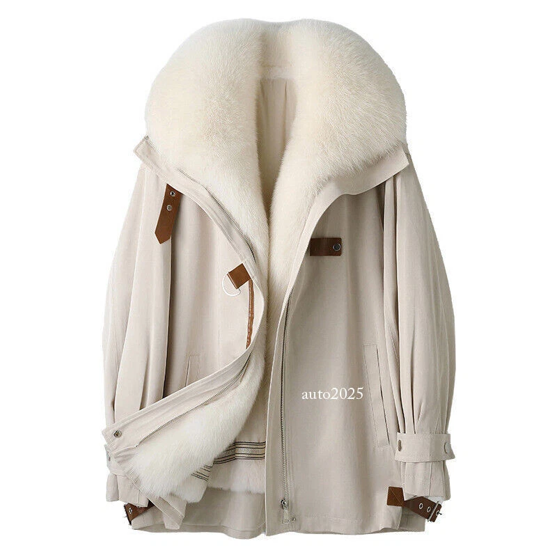 OFF WHITE Giacca pelliccia di volpe 100% donna pelliccia lunga con cappuccio Rex fodera pelliccia di coniglio cappotti invernali