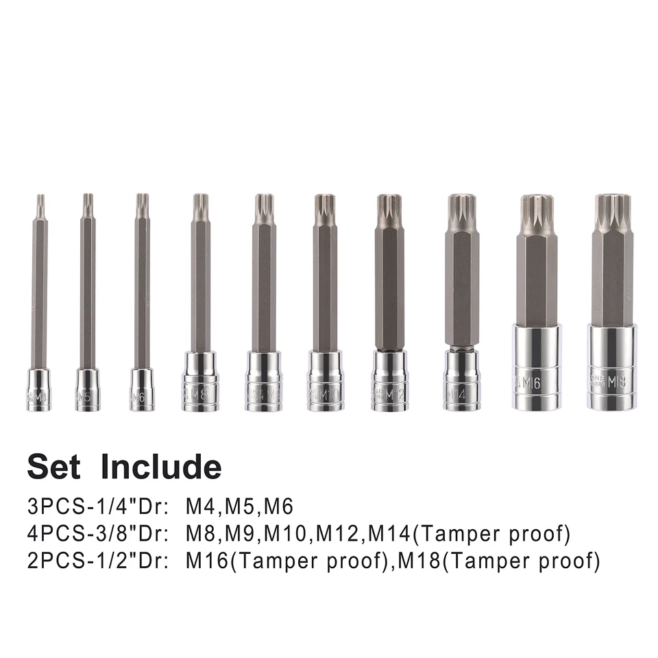 10 Pcs Spline Tip Bit Socket Set S2 and Cr-V Steel Extra Long 4'' Length M4-M18 - Image 2 of 4