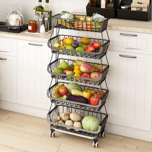 STORAGE STACKING WIRE BASKET STACKABLE SHELVES VEGETABLE FOOD KITCHEN RACK WHEEL - Picture 41 of 43