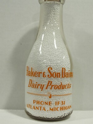 TRPQ Milk Bottle Baker & Son Dairy Atlanta MI MONTMORENCY CO 1947 Guernsey Cow