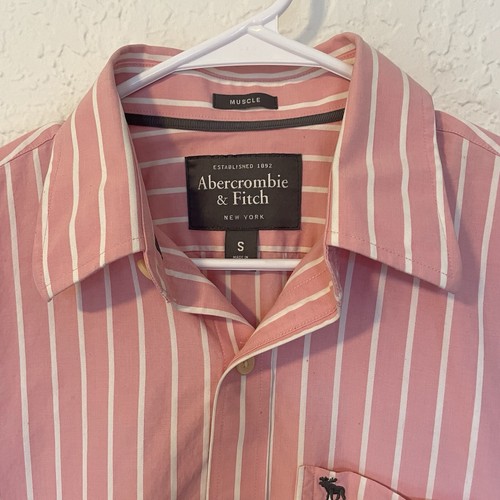 ABERCROMBIE & FITCH MENS BUTTON UP SHIRT PINK STRIPES MUSCLE FIT Small - Picture 2 of 12