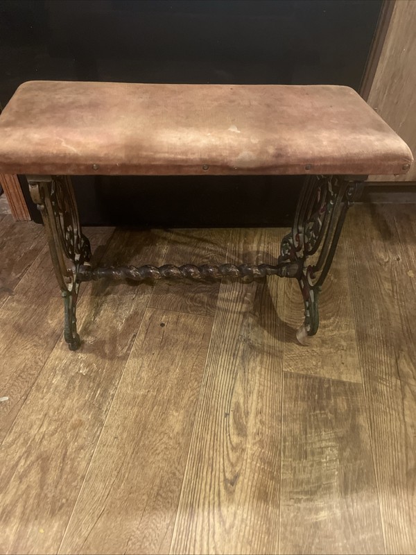 ANTIQUE VICTORIAN CAST IRON WINDOW OR VANITY BENCH WITH VELVET SEAT - VERY RARE