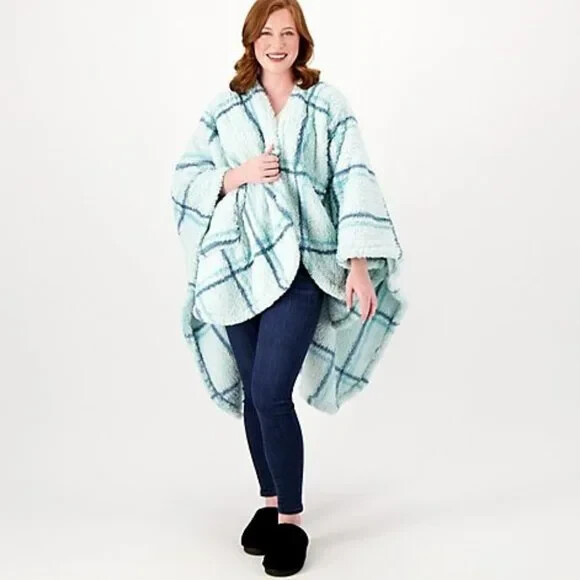 Berkshire Blanket DoubleSided Plaid Sherpa Cape WrapSeafoam eBay