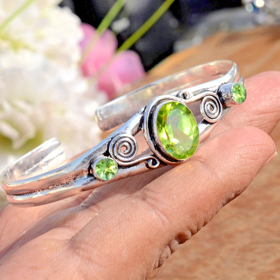 Faceted Peridot Gemstone 925 Sterling Silver Cuff Bracelet Gift For Life Line - Image 2 of 4