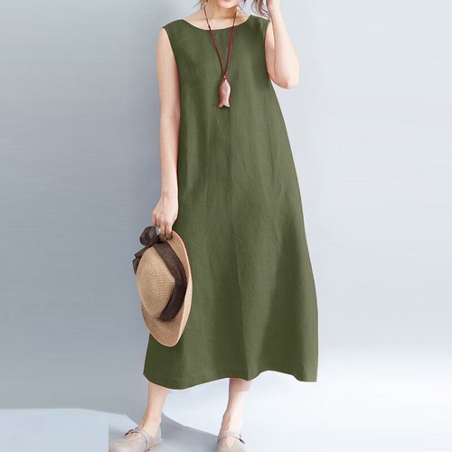 Sommer Damen ärmellos Baumwolle Leinen langes Kleid Oversize Hochzeit Sommerkleid HEISS - Bild 9 von 10