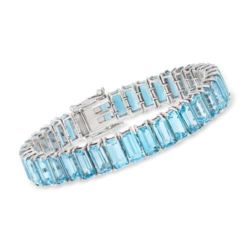 Bracciale donna tennis topazio blu taglio smeraldo 66 ctw placcato oro bianco 14 kt .925 - Foto 3 di 6
