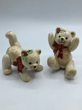 Fitz & Floyd Teddy's Christmas Teddy Bears Set Of 2 Tumbling Bears Holly Leaves