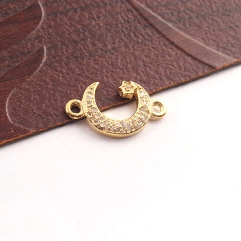 1 Pc Natural Pave Diamond Crescent Moon with Star Charm Connector 925 Sterling - Image 3 of 4