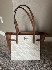 Michael Kors Monogram Large Tote Leather Handbag Vanilla Double Handle