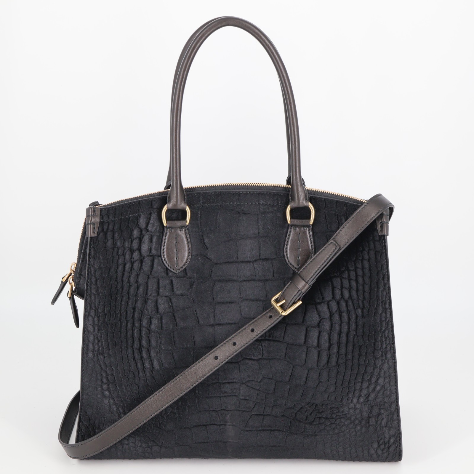 Ralph Lauren black alligator-embossed pony hair leather shoulder tote bag 9K
