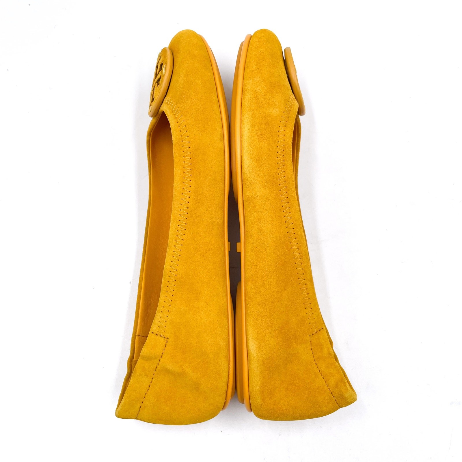 Tory Burch Minnie Travel Ballet Flats Gold Crest Suede Leather Logo Yellow Sz 7 thumbnail 4