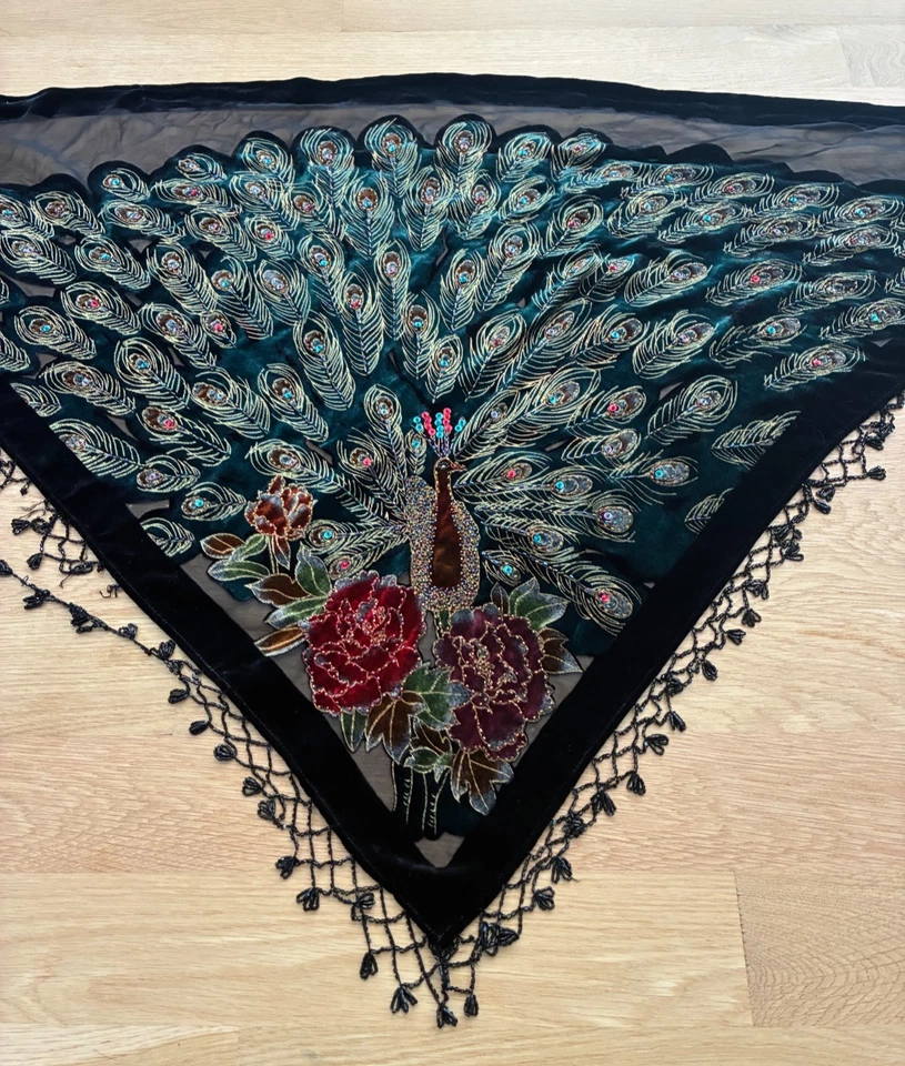 Винтажный Kirk's Folly бисером треугольный бархат Павлин шарф шаль надежном - потрясающий - Изображение 2 из 4