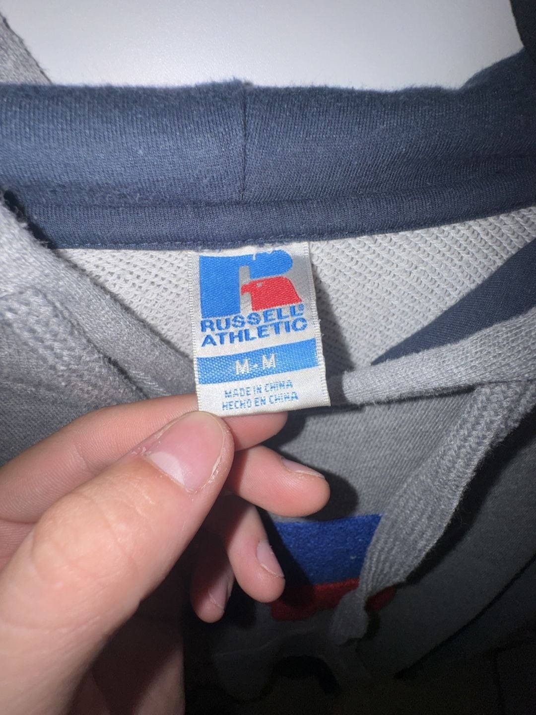 Russell Athletic Gray Hoodie with Flocked Blue and Red Logo Patch Size M image 2