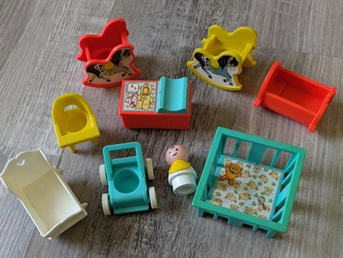 Vintage 1972 Fisher Price Little People Family Nursery Set of 9 Pieces