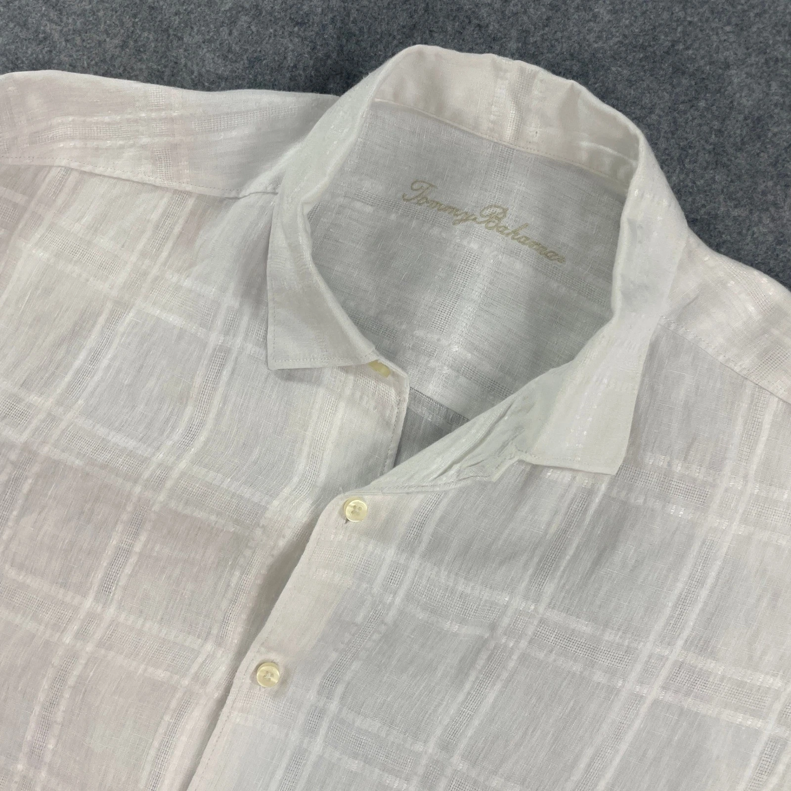Tommy Bahama Mens Button Down Shirt XL White Plaid Linen Long Sleeve Resort