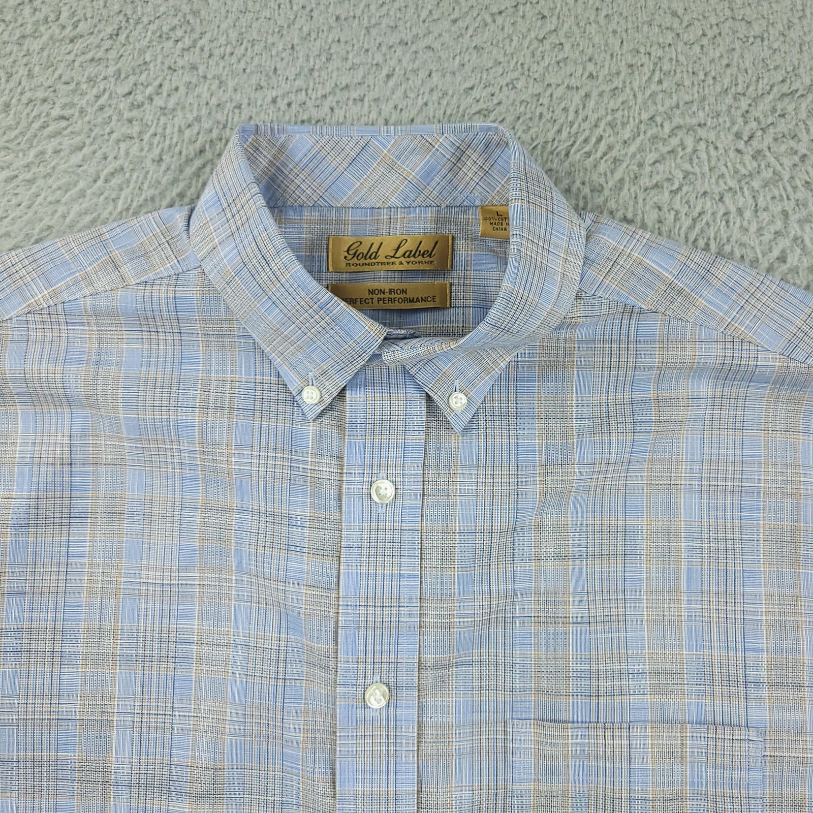 Gold Label Roundtree & Yorke Shirt Mens Large Blue Plaid Non Iron Short Sleeve