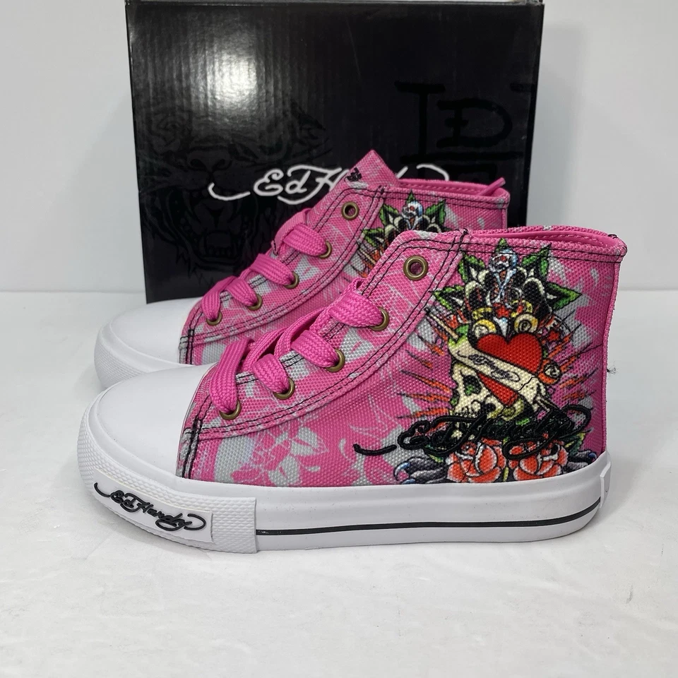 Ed Hardy Shoes Girls 11c Pink Side Skull Hi Top Sneaker Lace Up Heart NEW $65 - Image 2 of 4