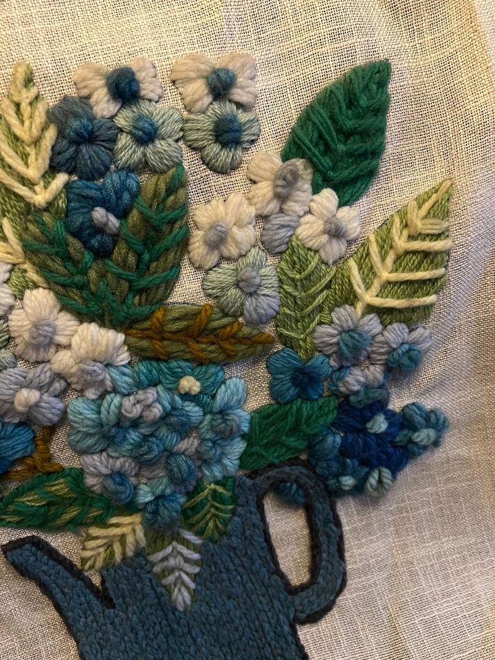 Vintage Finished Crewel Embroidery Water Can Planter Flowers Leaves Blue - Image 3 of 4