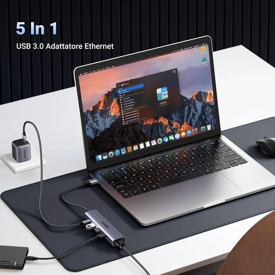 UGREEN Hub USB 3.0 Ethernet in Alluminio con Porta Alimentazione Tipo C 5V/2A - Immagine 2 di 4