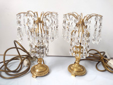 Pair Vintage Italian Crystal Waterfall Table Lamps Brass Chandelier Bedside 23cm