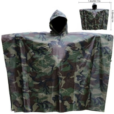Woodland Camo Military Ripstop Rain Poncho Waterproof Camping Hiking Outdoor