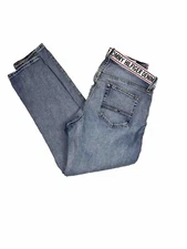 VTG Tommy Hilfiger Jeans Mens 34x32 Blue Waist Spellout Denim Athletic Tapered