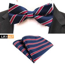 Mens Pre-Tied adjustable Bow Tie Striped Blue Red Bowtie Hanky Wedding Party