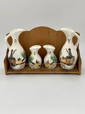 Vintage Oil & Vinegar Salt & Pepper with Spice Rack Japan Onion Carrot Wine Farm