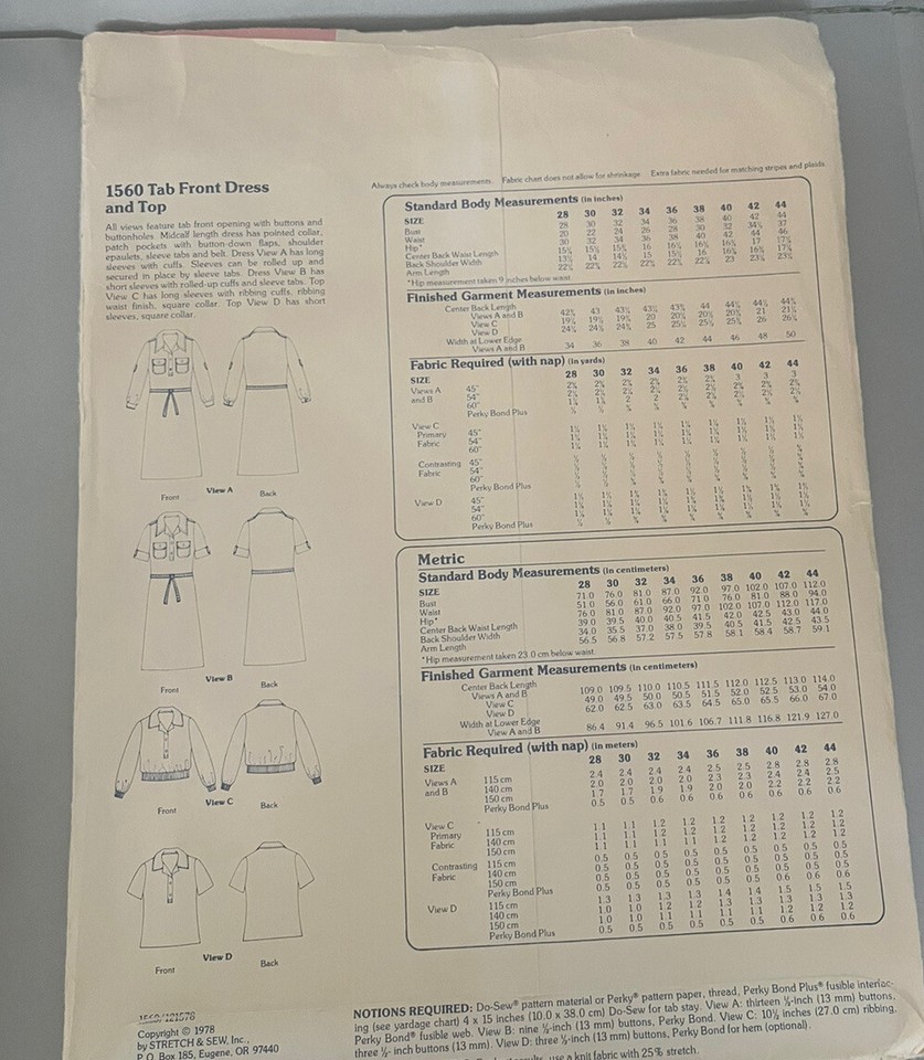 Vintage 1978 Stretch and Sew Pattern 1560 Tab Front Dress And Top