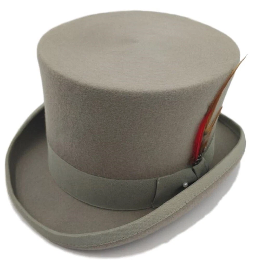Quality Hand Made Grey 100% Wool Top Hat Satin Lined Wedding Event Hat 4 Sizes