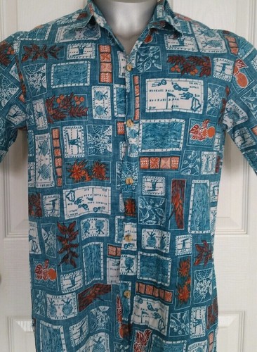 RARE Vintage Panama Jacks Maui Hawaii Mens Teal Hawaiian Aloha Shirt Size M - Picture 9 of 9