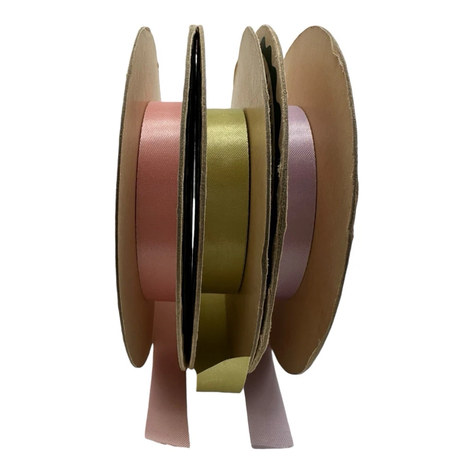 3 Vintage Dexter Brand Fancy Satin Ribbon Rolls Light Pink Green Lavender - Image 3 of 4