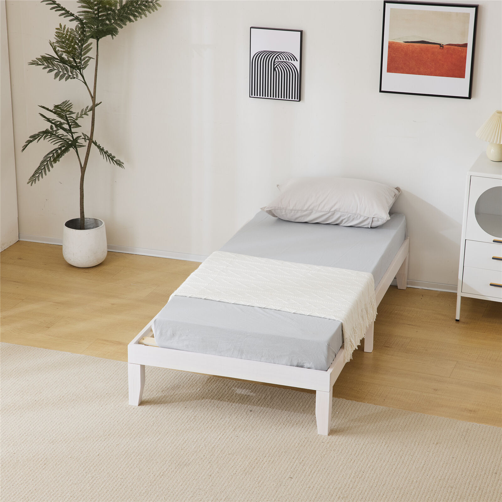 Bed Frame Twin Full Queen King Wood Platform Wooden Basic Bed Frame White NEW-image