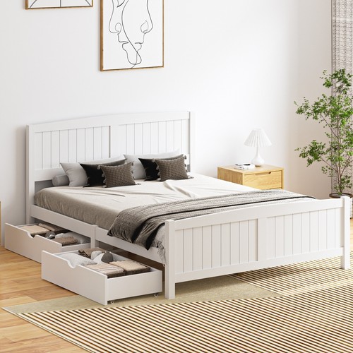 Wooden Bed Frame Quenn Double King Single Base with Drawers White META