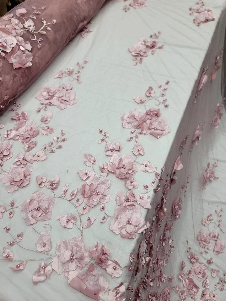 Fabric Sold By The Yard 3d Floral Lace Dusty Rose Embroidery PEARLS Bridal Quinc - Image 2 of 4