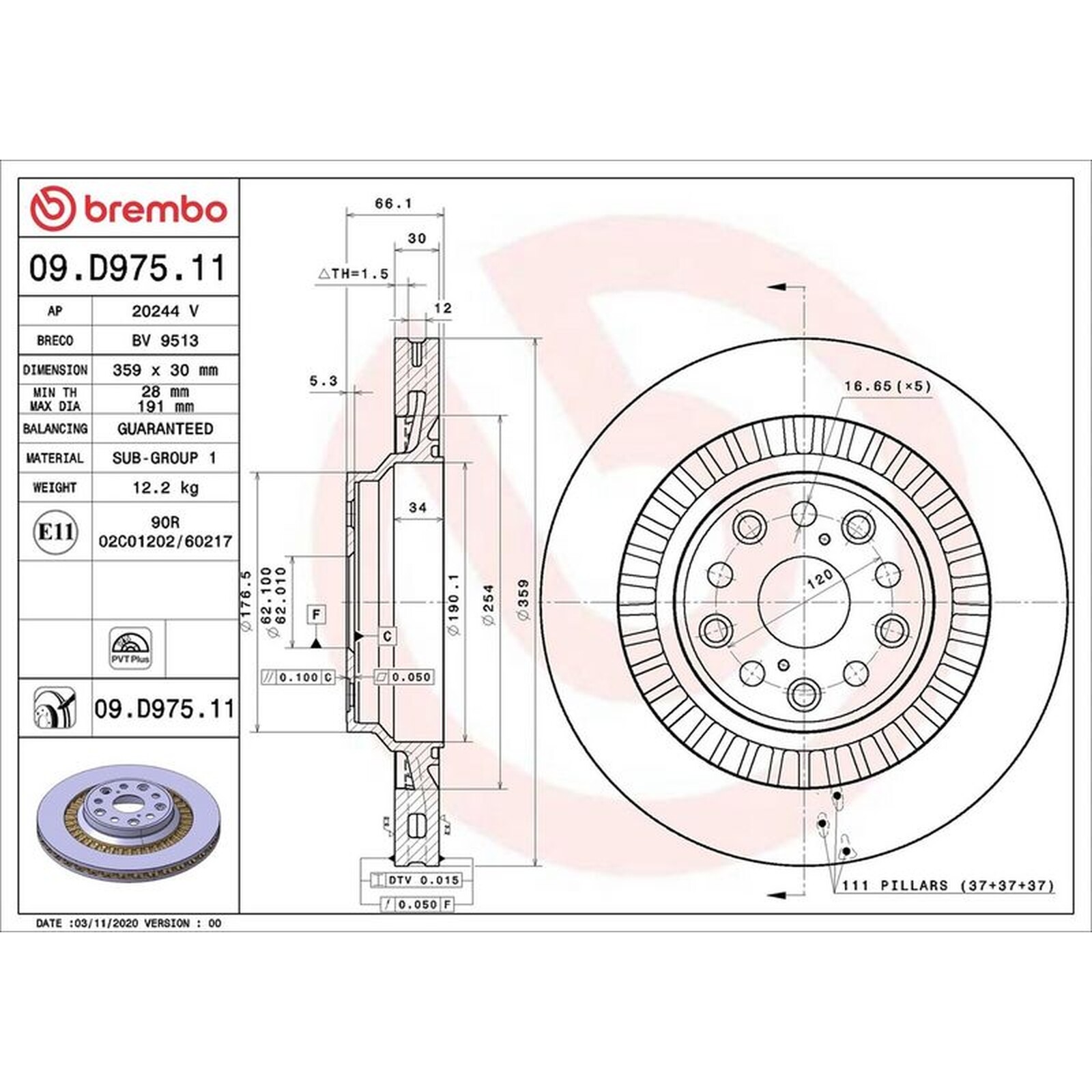 Brembo Prime UV Coated Vented Brake Disc - 09.D975.11 For Lexus - OE Quality