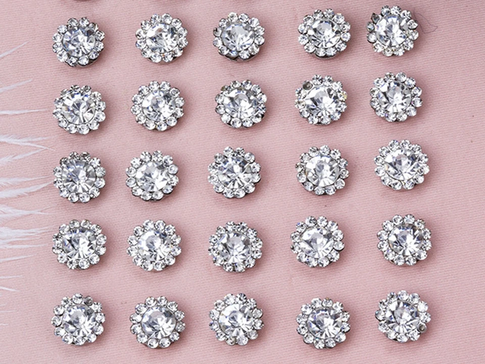 50 Silver Bling Crystal Rhinestone Pearl Flatback Button 9mm 11mm Wed Invitation - Image 2 of 4