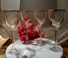 RARE Set of 4 Lenox Classic Etched Shell Wine Glasses gold trim 7 1/4" -6.5oz