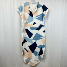 Shein Tunic Dress Multicolor Geometric Belted Notch Short Sleeve Round Hem M