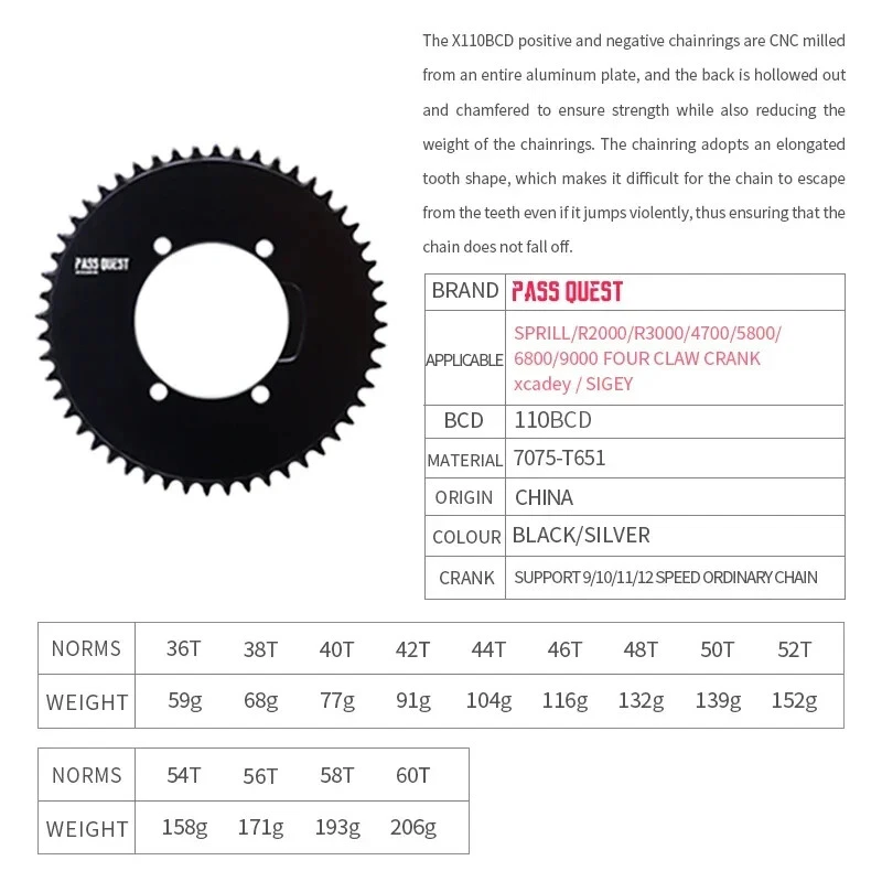 Road Bike 110BCD Chainring Round Positive Negative Gear Disc Crankshaft 36T-56T - Image 4 of 4