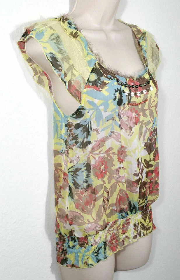 American Rag Women Extra Small Top Semi Sheer Frayed Neck Smocked Waist Floral - Image 2 of 4