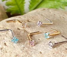 1pc 14kt Yellow or White Gold 20g L-Bend Nose Ring w/Square CZ Gem Stud Screw