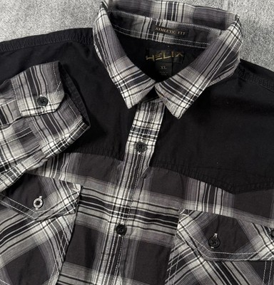 Helix Athletic Fit Men's Large Black Plaid Button Up Western shirt Elbow Patches