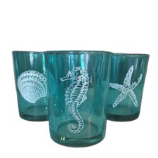 Blue Glass Tumblers 8 oz Set of 3 Sea Life Nautical Beach Ocean Drinking Glasses