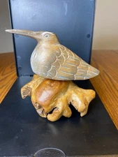 Vintage Hand Carved Wooden Sandpiper Bird perched on Driftwood
